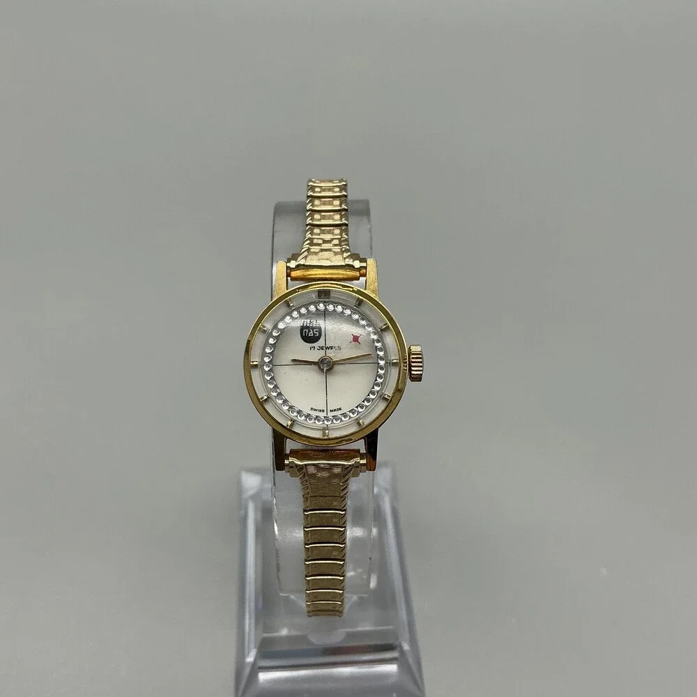 Vintage NAS Womens Watch 22mm White Dial Gold Tone Expansion Swiss Manual